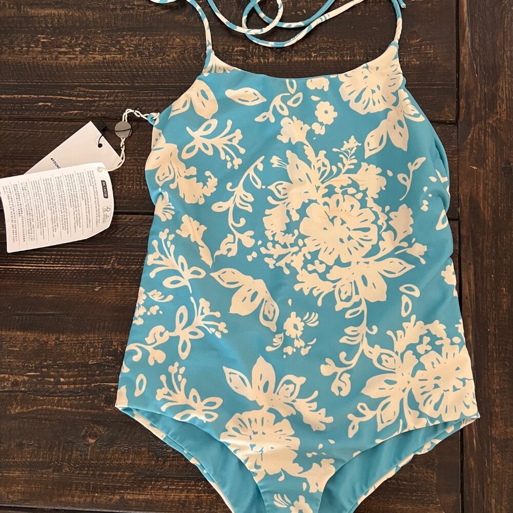 Red Valentino Womens Turquoise Floral Back Tie Cheeky One-Piece Swimsuit NWT